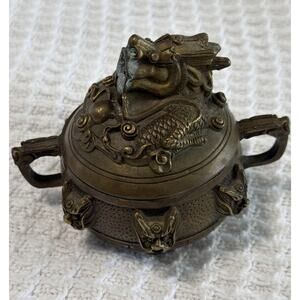 Vintage Chinese Bronze Incense Burner Censer Intricate Dragon Design Signed Rare